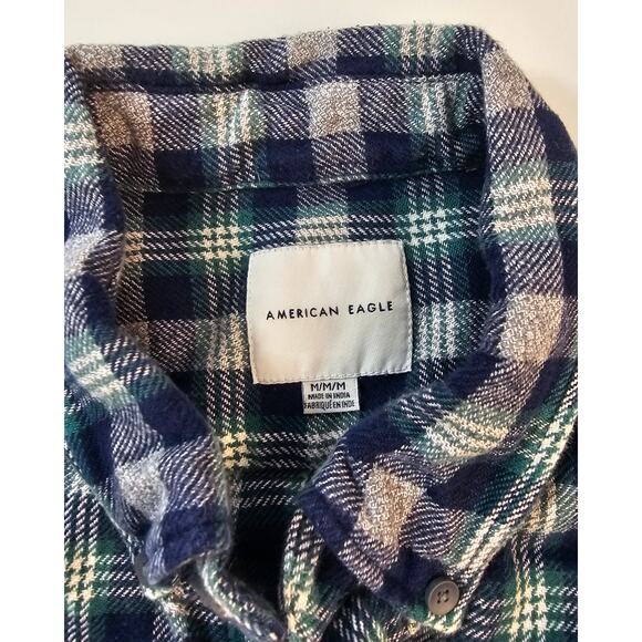 American Eagle size M medium mens green blue plaid flannel warm button up EUC - Picture 5 of 7